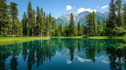 Obraz premium A serene lake surrounded by trees and mountain, nature, background, reflecting a clear blue sky.