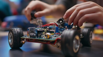 Asian kid boy assembling the Arduino robot car homework project at home, Little child tighten the nut with a screwdriver to assemble car toy, creating electronic AI technology workshop school lesson