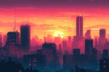 Futuristic Cityscape at Sunset Glowing Buildings
