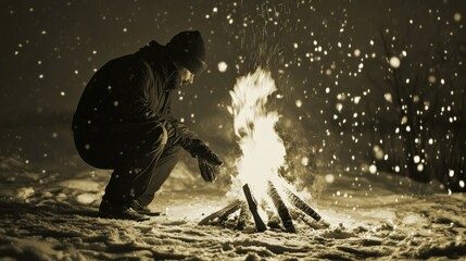 Obraz premium A person warms themselves by a campfire in the snow during a snowy evening.