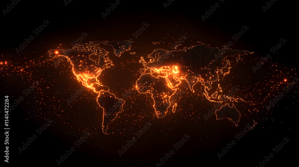 Poster illuminated world map with glowing lines, showcasing global connectivity and technology.