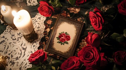 A vintage Valentine is card surrounded by red roses, lace, and soft candlelight, evoking an old-fashioned romantic vibe