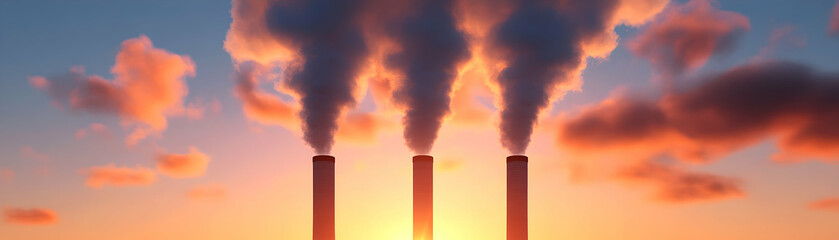 Industrial smokestacks releasing pollution against a vibrant sunset sky.