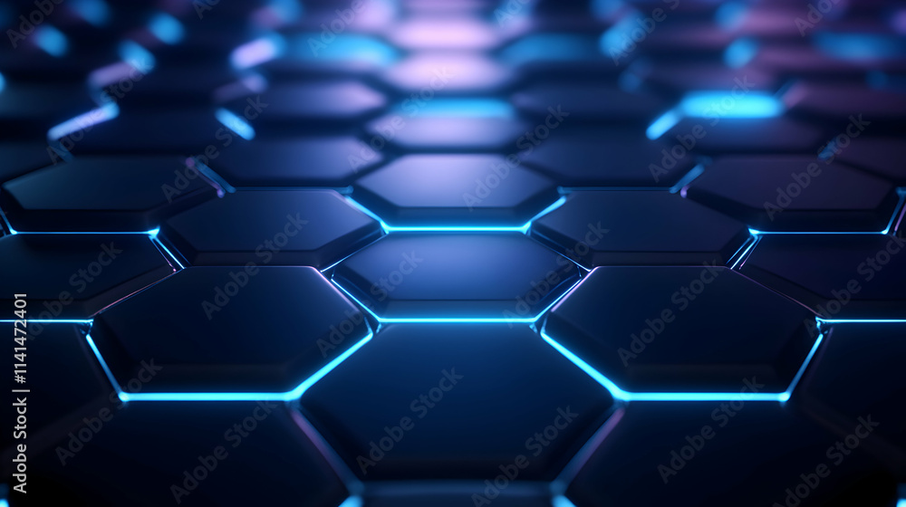 Poster futuristic hexagonal patterns with glowing blue edges, perfect for modern designs.