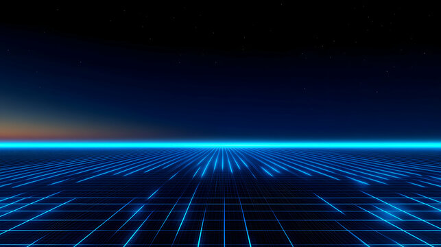 Futuristic grid landscape with glowing lines under a dark sky, showcasing digital concepts.