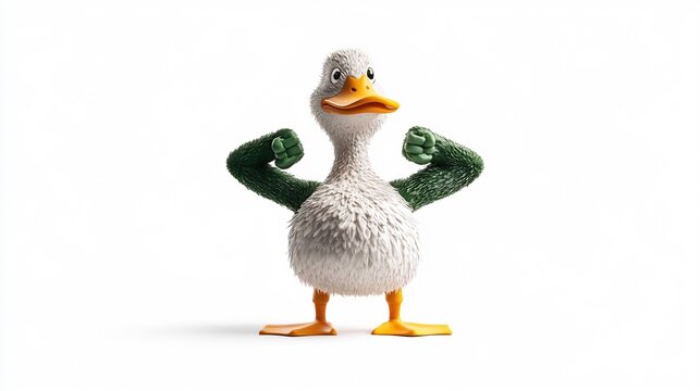 Muscular Duck Character Flexing Both Arms in a Powerful Fighting Pose,Symbolizing Physical Strength,Fitness,and Determination. Cute and Humorous Digital 3D