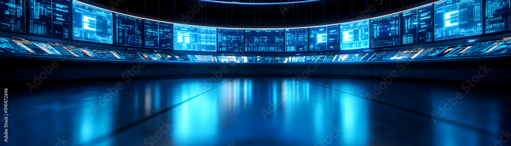 Poster futuristic control room with glowing screens and high-tech interface design.