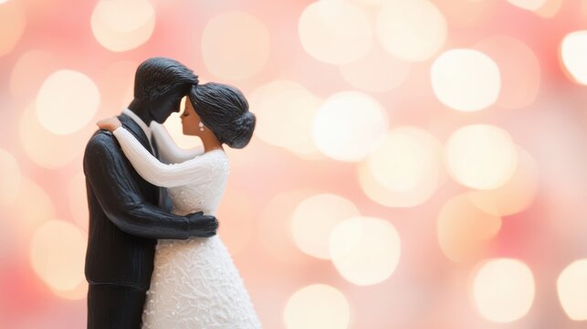 Figurines of a bride and groom are elegantly dancing on top of a wedding cake against a softly blurred backdrop, evoking romance