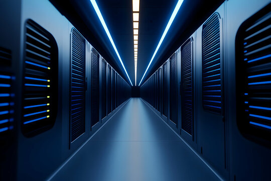 Futuristic data center corridor with blue lighting and server racks.