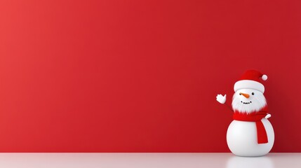 A cheerful snowman in a Santa hat against a red background.