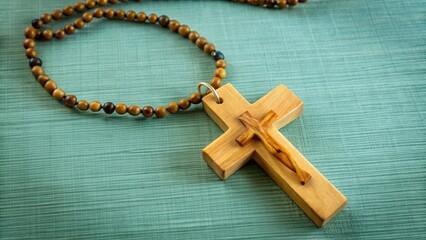 Wooden Cross Pendant with Beaded Necklace