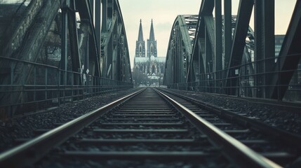 A railway track leads towards a distant cathedral, framed by metal bridge structures.