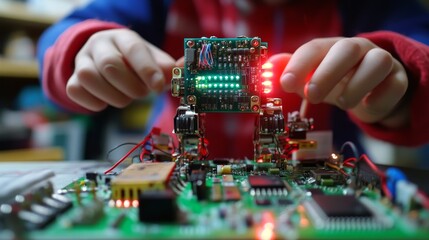 Young asia student remotely learn online at home in coding robot car and electronic board cable in STEM, STEAM, mathematics engineering science technology computer code in robotics for kids concept.