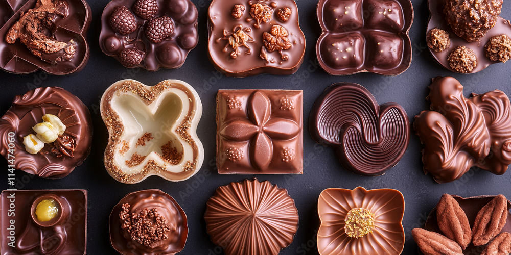 Aufkleber a row of chocolate truffles with hearts on them. the truffles are arranged in a row and are of diffe