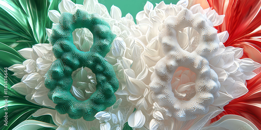 Poster the number 8 is surrounded by green and white flowers. the flowers are arranged in a way that they l