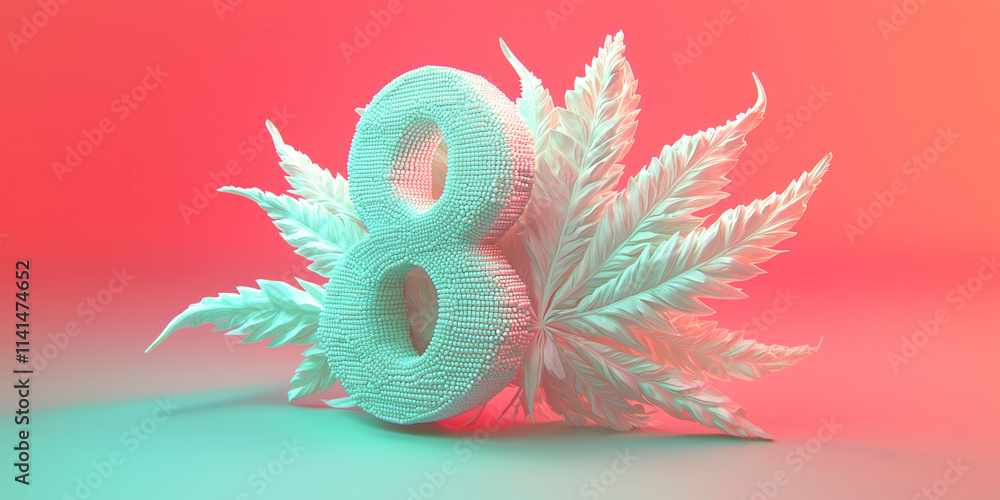 Poster a red background with white leaves and a green 8. the number 8 is surrounded by leaves and he is a p