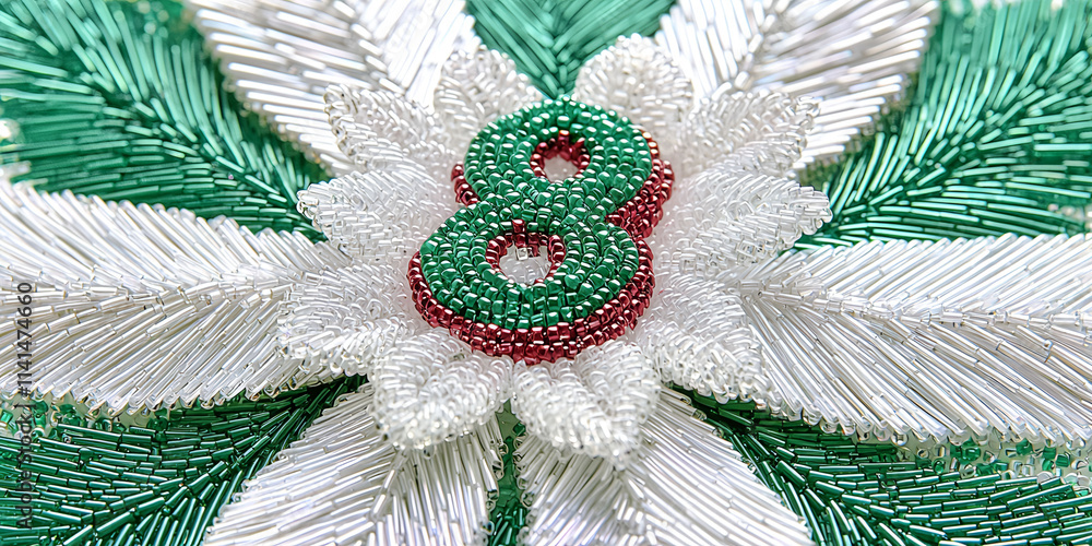 Poster a red background with white leaves and a green 8. the number 8 is surrounded by leaves and he is a p