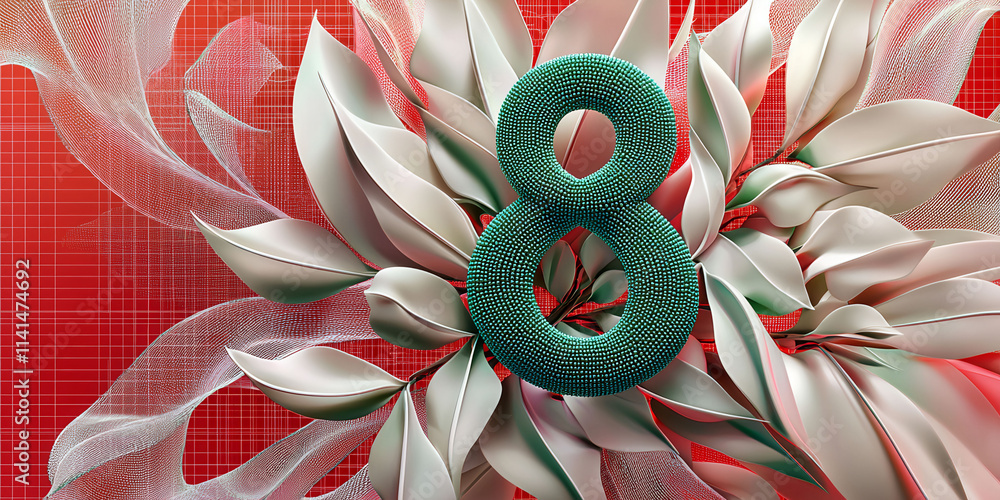 Poster a red background with white leaves and a green 8. the number 8 is surrounded by leaves and he is a p
