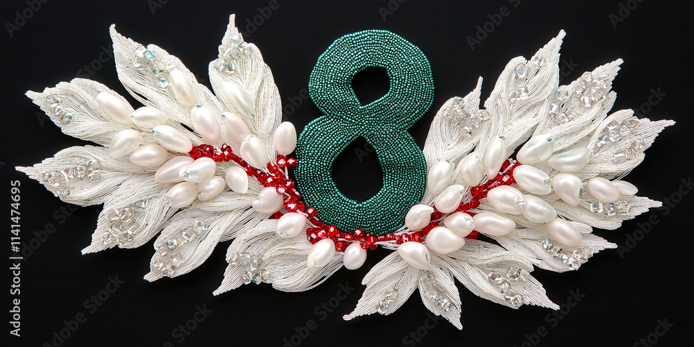 Poster a leafy design with the number 8 in the middle. the design is made of beads and is very intricate