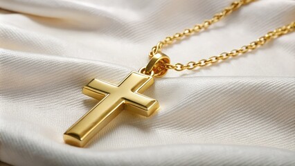 Gold Cross Pendant on White Satin Fabric
