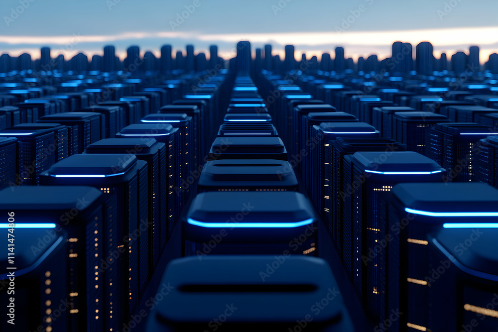 Aufkleber a futuristic view of a data center filled with glowing servers in a digital landscape.
