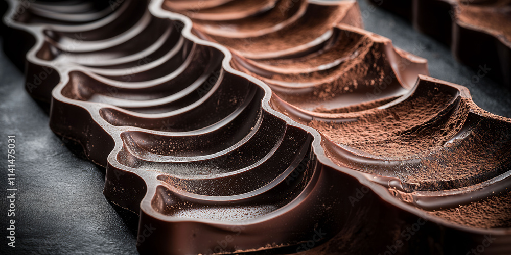 Poster a close up of a chocolate bar with a brown and white swirl pattern. the chocolate bar is cut into sm