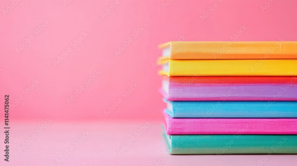 Poster a vibrant collection of colorful books is stacked neatly against a soft pink backdrop, creating a ch