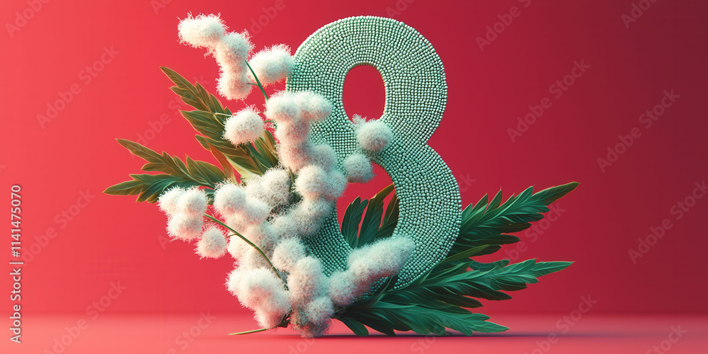 Poster a red background with white leaves and a green 8. the number 8 is surrounded by leaves and he is a p