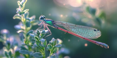 A dragonfly is perched on a leaf. The dragonfly is green and red. The leaf is green and has a few drops of water on it