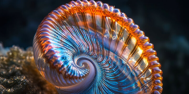 A spiral shaped object with a blue and orange hue. The object is on a rock