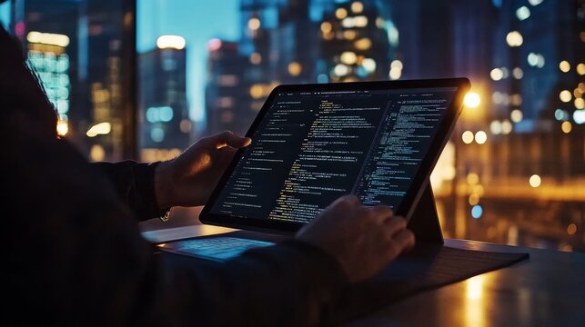 Business and technology, software development, IoT concept. Double exposure, man programmer, software developer working on digital tablet and smart city with binary, html computer code on screen