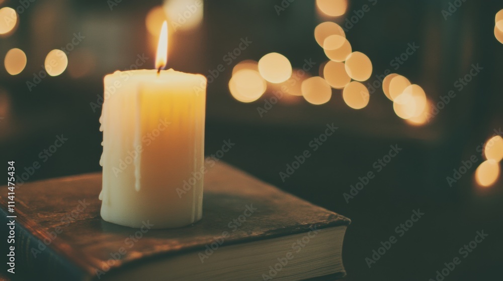 Poster soft candlelight flickers over stacked books, creating a warm and inviting atmosphere perfect for a 