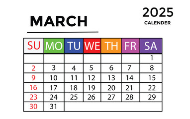 March 2025 calendar. Monthly planner template. Sunday start. vector illustration
