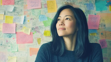 Fototapeta premium Artist reflects on ideas and creativity in a studio filled with sketches and colorful post-it notes, inspiring her artistic process