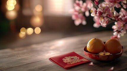 A beautifully styled Chinese New Year setup showcasing symbolic items: golden ingots, a decorative red pouch, fresh ripe oranges in a red tray, and an ornate red envelope,