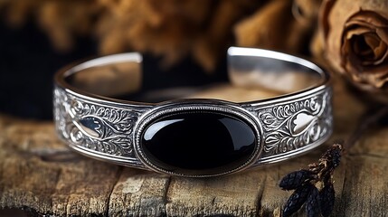 Handcrafted sterling silver cuff bracelet with intricate etching and a gleaming onyx stone displayed in high-definition