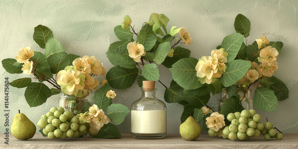 Poster a vase of flowers sits on a shelf next to a bottle of milk and a bowl of grapes. the scene is simple