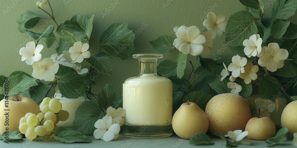 Poster a vase of flowers sits on a shelf next to a bottle of milk and a bowl of grapes. the scene is simple