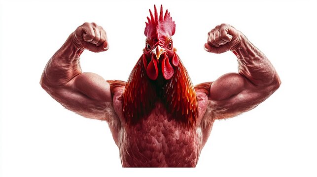 Fierce Rooster Fighter Flexing Powerful Arms in Combative Pose,Symbolizing Physical Strength and Fighting Spirit