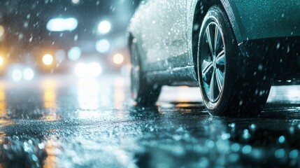 An electric car is charging under rain at night, with raindrops glistening on the surface and city lights creating dazzling reflections