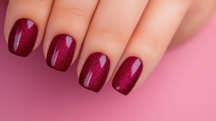 A woman's hand displays neatly manicured nails painted in a shiny maroon finish against a bright pink backdrop, highlighting elegance and style