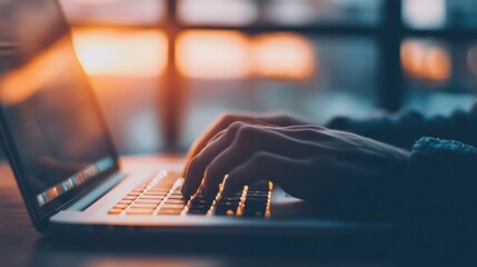 Fingers gracefully move over a laptop keyboard as sunlight streams through the window, creating a warm atmosphere in the workspace