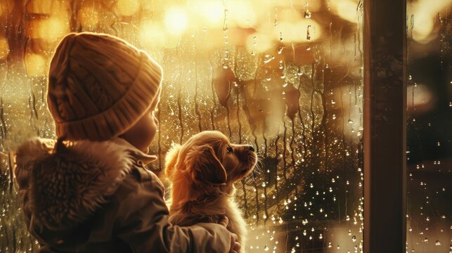 A small child and their playful dog sit quietly by the window, their eyes wide with wonder as the rain pours down.