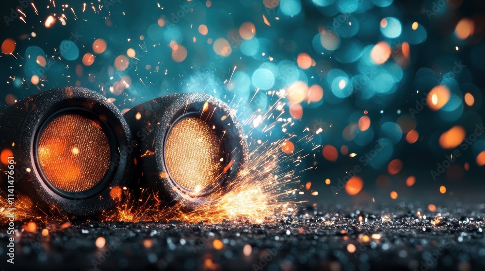 Poster an explosive speaker system emits vibrant sound effects surrounded by vivid sparks and colorful ligh