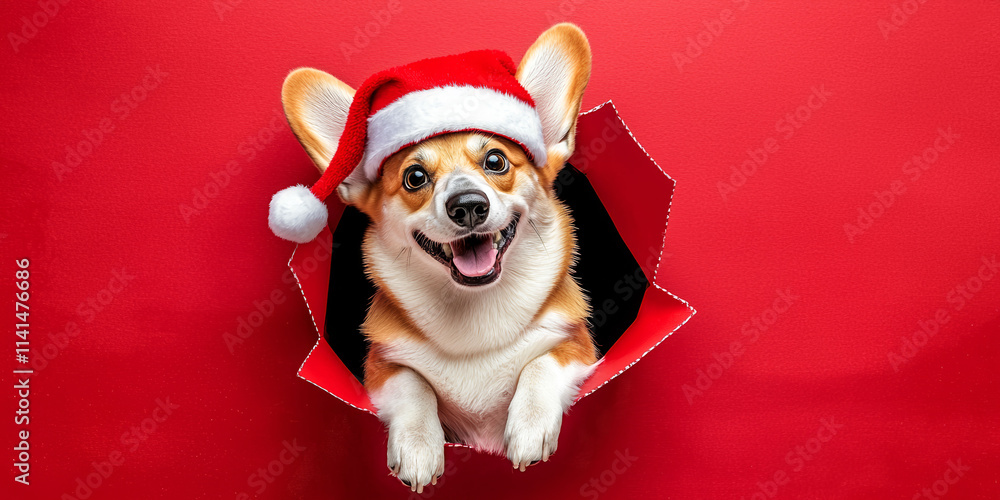 Poster a dog is standing in a red background with a red hat on its head. the dog is smiling and he is happy