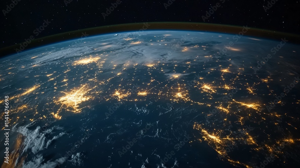 Poster night planet earth from space with light lines of communication and connection. business and finance