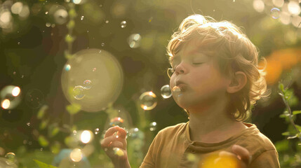 Naklejka premium Bubbles floating in air as child enjoys sunny day outdoors