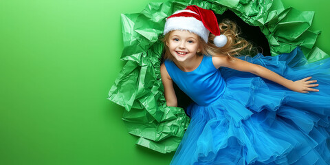 A young girl in a blue dress is wearing a red hat and smiling. She is standing in front of a green background