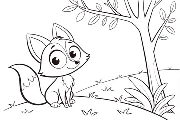 cute kawaii fox, some grass and a tree, coloring book
