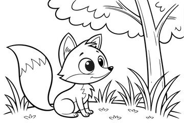 cute kawaii fox, some grass and a tree, coloring book